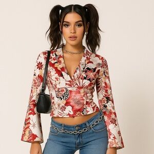 Jonathan Martin Y2K Women’s Asian Art 100% Silk Kimono Blouse Top M Waist Tie